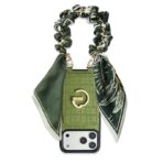 Custype Crocodile Pattern Leather with Pouch & Silk Scarf Wrist Strap เคส iPhone 17 Pro Max – Green [Pre-Order]