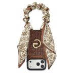 Custype Crocodile Pattern Leather with Pouch & Silk Scarf Wrist Strap เคส iPhone 17 Pro Max – Brown [Pre-Order]