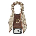 Custype Crocodile Pattern Leather with Pouch & Silk Scarf Wrist Strap เคส iPhone 17 Pro Max – Brown [Pre-Order]