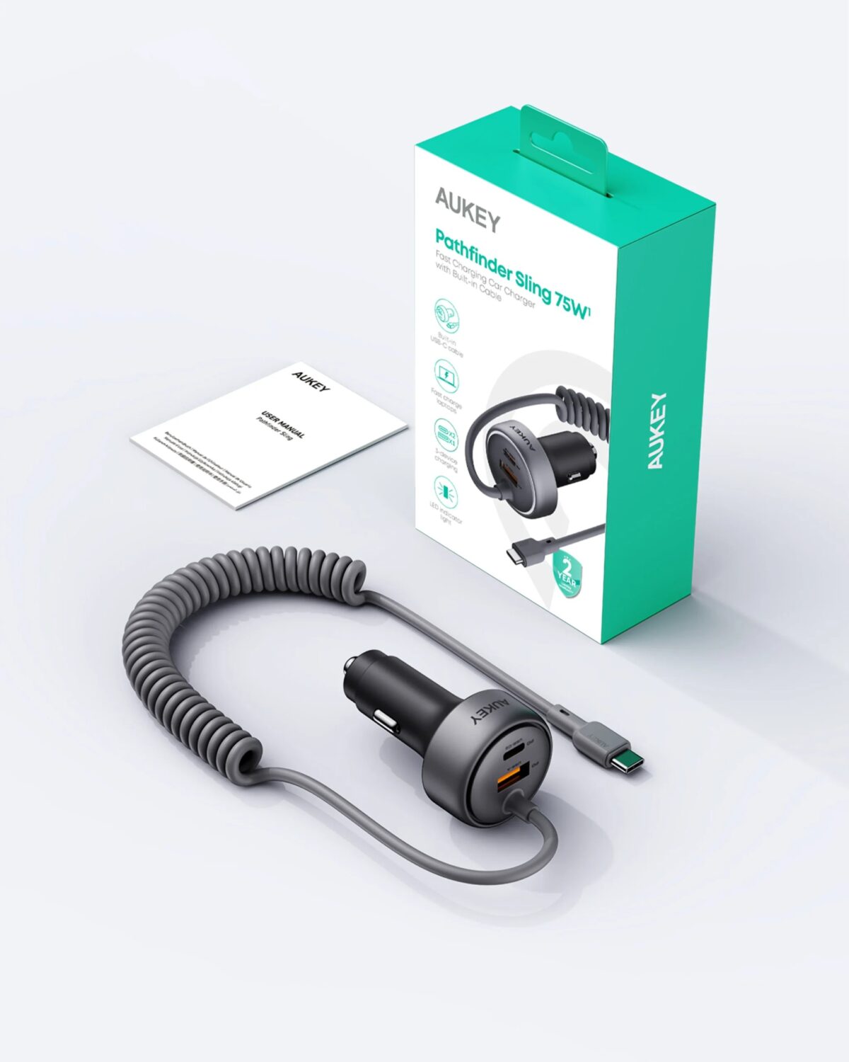 Aukey Pathfinder Sling 75W Fast Charging Car Charger with Built-in-Cable (CC-P2) - Gray - Image 2