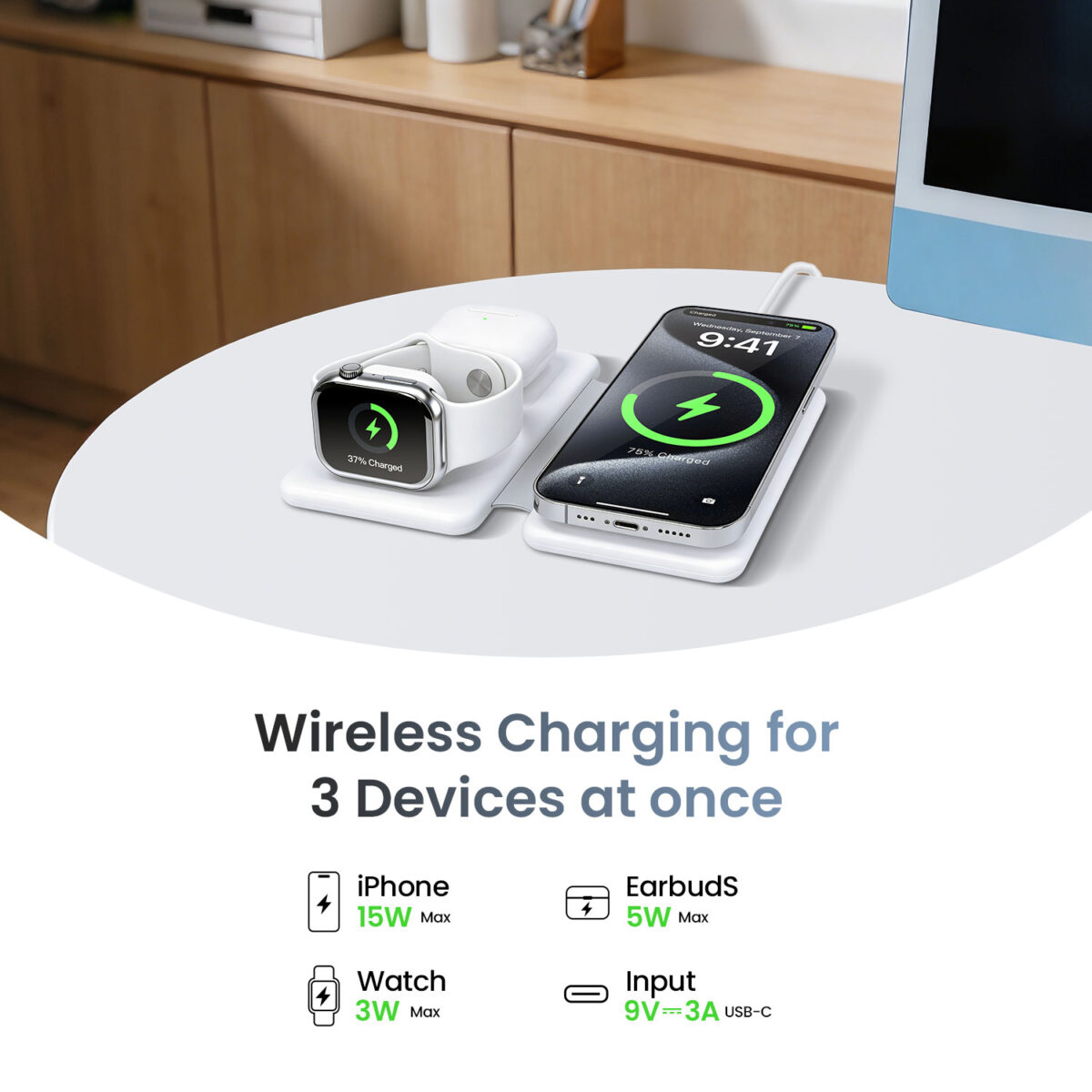 BWOO BO-WL24 White 15W 3 in 1 Magnetic Wireless Charging Station with Foldable Design แท่นชาร์จไร้สาย - White - Image 2